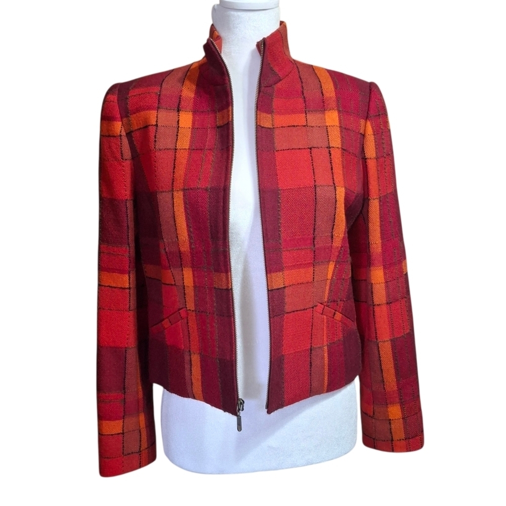 Vintage Carlisle Plaid Red Orange Cropped Long Sleeve Wool Jacket Women Size 2